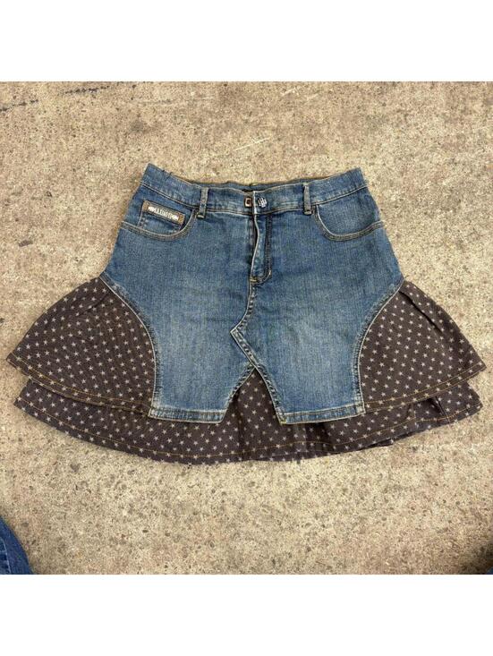 Dresses & Skirts - Vintage Y2K Denim Micro Mini Skirt Low Rise Faded Star Ruffle